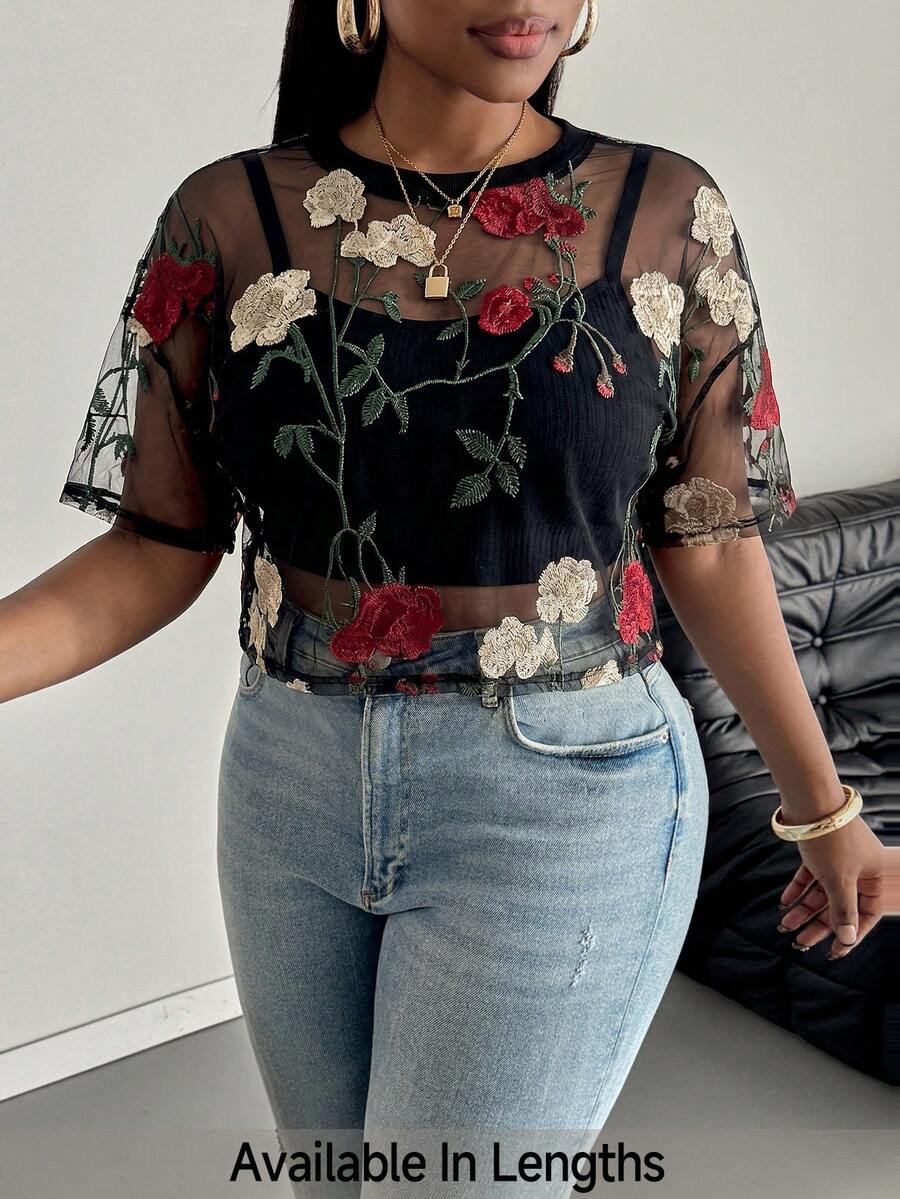SHEIN PETITE CURVE 大尺碼女款花卉刺繡透視網紗上衣,落肩圓領夏季優雅派對度假上衣 - 黑色 - 查看 1