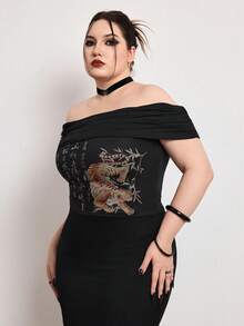 ROMWE J-Fashion Plus Size Women Tiger Print Ruched Off Shoulder Fashionable Blouse - Black - View 5