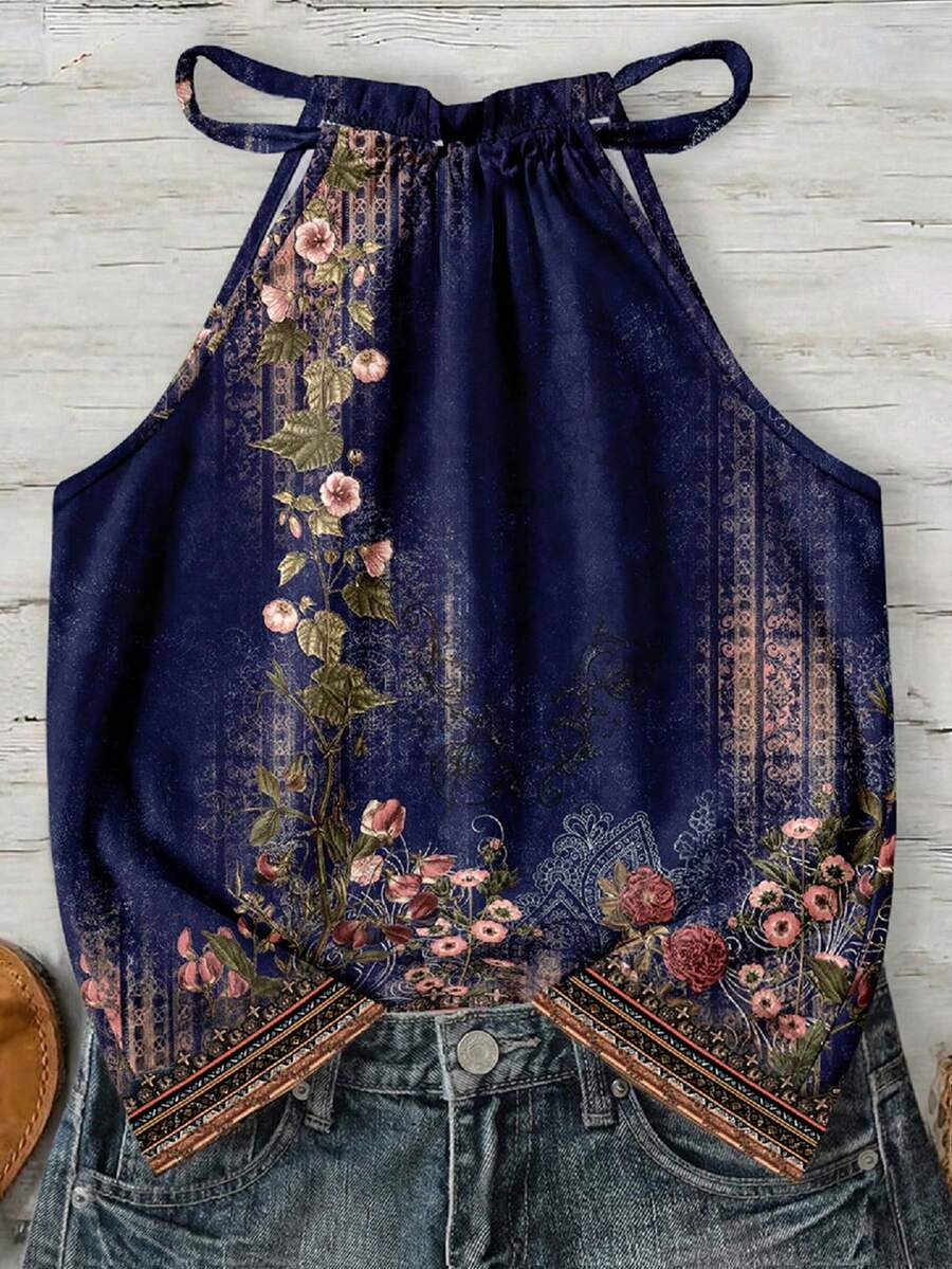 SHEIN LUNE Áo hai dây cổ yếm dành cho nữ, họa tiết hoa cổ điển, thích hợp cho mùa xuân và mùa hè. - Nhiều màu - Xem 1