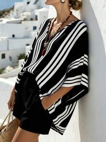 EMERY ROSE Plus Size Casual Holiday Striped Print V-Neck Batwing Short Sleeve Loose Cover Up, Beach Cover Up, Women Summer Striped Top - Multicolor - View 5