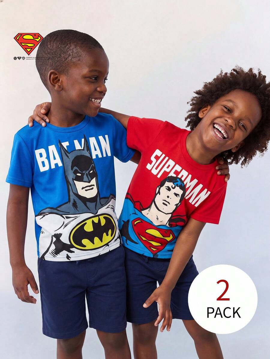 Maija Kids SUPERMAN X SHEIN Maija Kids Bộ 2 áo thun ngắn tay cổ tròn chất liệu mềm mại họa tiết siêu anh hùng dành cho bé trai. - Nhiều màu - Xem 1