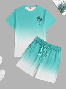 Manfinity RSRT Plus Size Men's Ombre Palm Tree Print Short Sleeve T-Shirt And Drawstring Waist Shorts Casual Set, Holiday - Multicolor - View 3