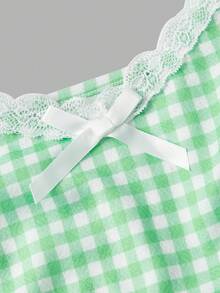 SHEIN MOD Conjunto de 2 peças Camiseta Regata com Renda Xadrez Verde e Saia de Comprimento Médio para Mulheres Plus Size, Adequado para Uso Diário, Campo, Férias - Verde - Visão 9