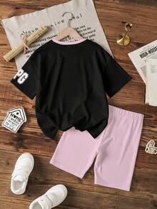 THE POWERPUFF GIRLS X SHEIN Bộ áo thun và quần short in hình hoạt hình dành cho bé gái tuổi teen - trắng - Xem 2