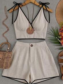 SHEIN Franclia 2pcs/Set Women's V-Neck Camisole Top And Shorts Set, Summer - Apricot - View 7