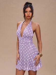 SHEIN BAE 女士波点露背迷你连衣裙 - 淡紫色 - 查看 5