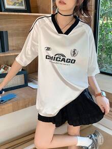 Dazy Kids Áo thun nữ tuổi teen cổ chữ V tay raglan dáng rộng in họa tiết, phong cách thường ngày, thích hợp mặc mùa hè. - trắng - Xem 3