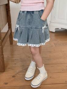 Dazy Kids Young Girl Summer Casual Vacation Sweet Cute Lace Bow Decor Ruffle Hem Denim Skort - Light Wash - View 3