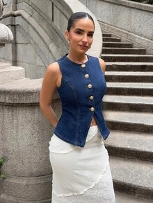 Marta Soriano 女士圆领单排扣休闲无袖牛仔上衣 - 深色水洗藍 - 查看 3