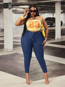 Jeanoix Plus Size Solid Color Slim Fit Comfortable Breathable Versatile Casual Jeans - Dark Wash - View 7