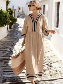 SHEIN Holidaya Women's V-Neck Pleated Casual Vacation Everyday Dress Loose Dress Women Vacation Dress Casual Long Dress Modest Summer Dress Beach Long Dress Women's Summer Dresses Women Beach Dress Casual Dresses For Women Summer Women's Summer Outfits Women Casual Dresses - Apricot - View 4