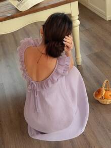 Napfluff Camisola de verão feminina 100% algodão, tecido plissado com babados e detalhe de laço. - Roxa - Ver 2