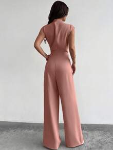 Firerie 女士优雅简约时尚通勤都市现代新款褶皱小立领短袖高腰阔腿连体裤，杏色 - 藕粉色 - 查看 9