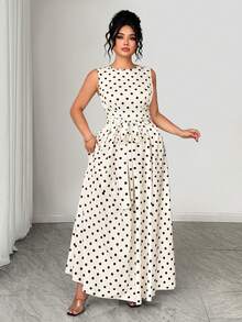 Elenzga Plus Size Women's Polka Dot Sleeveless Dress, Beige, Summer, Elegant, Tea Party Round Neck Cinched Waist Bow Print Pattern, Commute, Casual Wear - Multicolor - View 5