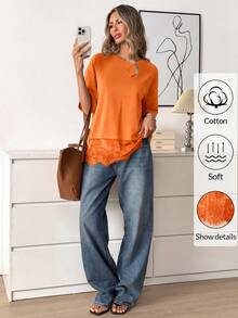 Easowa Black Short Sleeve Round Neck Lace Hem Loose T-Shirt For Women,Summer Top - Orange - View 6