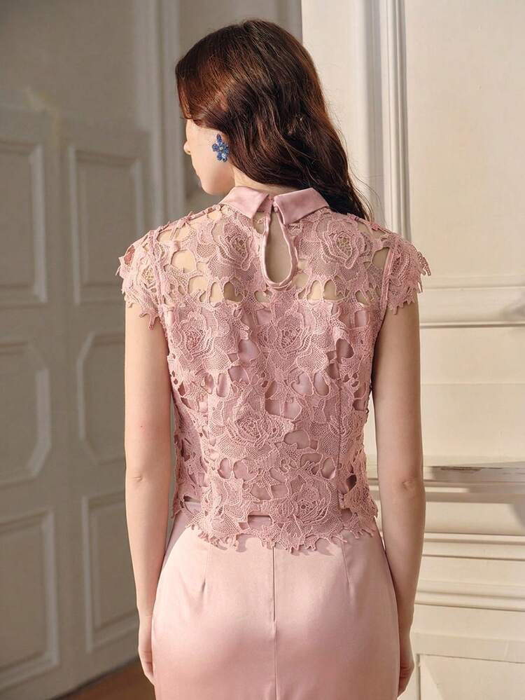 Elegant Navy Blue Lace Collar Sleeveless Sexy Hollow Out Cropped Women Shirt
