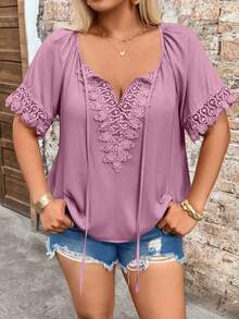 SHEIN Holidaya Plus Size V-Neck Lace Trim Raglan Sleeve Tie Collar Blouse - Pink - View 6