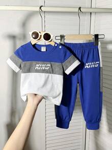 Baby Boy 2pcs Set: Sports Casual Color-Block Short Sleeve Letter Print T-Shirt & Patchwork Long Pants Outfit,Blue White Stripe,Summer,Casual,Beach - Multicolor - View 3