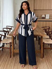 SHEIN LUNE Plus Size Women's Navy Blue Patchwork Shirt, Solid Color Slim Fit Pants Set, Casual Daily Outfit, Spring/Summer Bussines Office - Multicolor - View 4