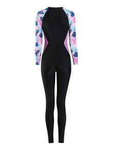 SHEIN Baju Renang Terusan Anak Perempuan Motif Bunga Tropis dengan Resleting Depan dan Lengan Raglan, Cocok untuk Selancar/Olahraga di Musim Panas, Pantai, Kolam Renang, dan Liburan. - MultiWarna - View 2