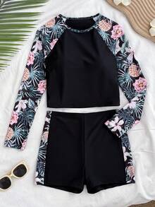 SHEIN Conjunto de traje de baño con top de manga raglán y shorts con estampado de plantas tropicales para adolescentes - Negro - Ver 4