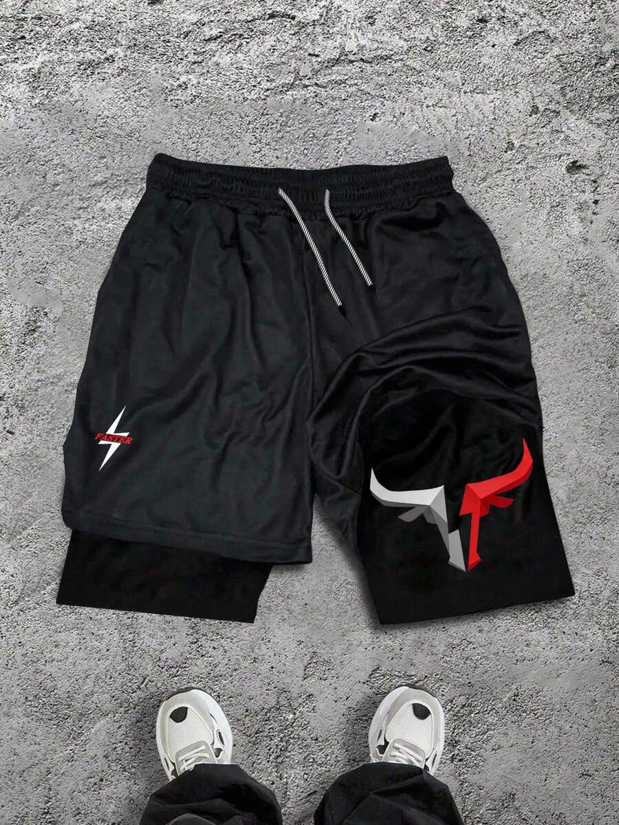 Sport MetroGents Men's Lightning Print Drawstring Waist Double-Layer Sports Shorts, Gym - Black - View 1