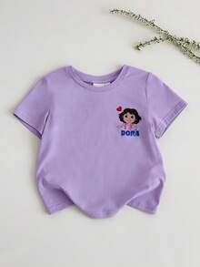 DORA | SHEIN Áo thun ngắn tay cổ tròn in họa tiết tối giản dành cho bé gái (cỡ nhỏ) - Màu tím - Xem 2