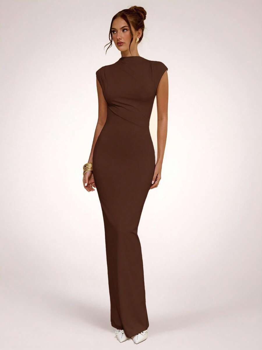 SHEIN BAE Đầm ôm sát bất đối xứng màu mơ, kiểu dáng tối giản thanh lịch, thích hợp cho mùa xuân/hè. - màu nâu - Xem 1