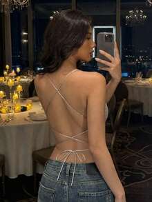 Livesso 女士修身纯色亮片吊带背心 - 灰色 - 查看 2