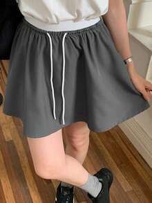 DAZY Patchwork Contrast Color Drawstring Waist Casual Sporty Skirt Shorts Summer Back-To-School Wear For Women School Grey - Grey - View 3