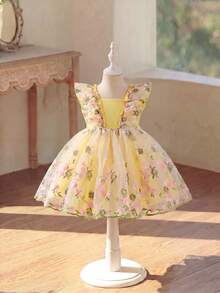SHEIN Glamorique Kids 女婴公主裙,精美刺绣网纱裙摆,荷叶边领口,清新可爱,适合生日、婚礼、节日等场合。 - 黃色 - 查看 4