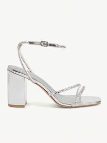 CUCCOO CHICEST Women's Square Toe Rhinestone Ankle Strap Sandals For Christmas Summer Shoes - Silver - View 4
