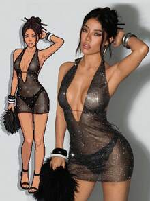 EgrlEra Women's Black Summer Carnival Outfit, Sheer Fishnet Rhinestone Embellished Sparkling Techno Club Night Out Rave Dress,Suitable For Birthday Sexy - Black - View 1