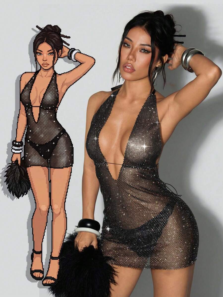 EgrlEra Women's Black Summer Carnival Outfit, Sheer Fishnet Rhinestone Embellished Sparkling Techno Club Night Out Rave Dress,Suitable For Birthday Sexy - Black - View 1