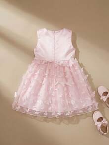 SHEIN Glamorique Kids 女童公主裙，花童礼服，生日派对婚礼节日正式礼服，缎面面料，无袖，粉色，多层薄纱裙摆饰有蝴蝶结，中东和欧洲风格蝴蝶结系带后背 - 粉色 - 查看 6