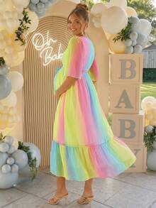 Loomaby Vestido Fluido de Babados com Degradê para Férias de Verão para Gestantes - Multicolorido - Visão 6