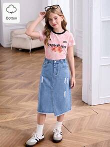 SHEIN 青少年女孩牛仔中長裙，水藍色做舊破洞毛邊不對稱下擺牛仔裙，夏季休閒街頭風校園開學舒適裙 - 淺色水洗藍 - 查看 4