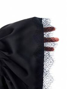 LYSMO Solid Color V-Neck Lace Patchwork Short Sleeve Cinched Waist Pleated Blouse, Summer - Black - View 8