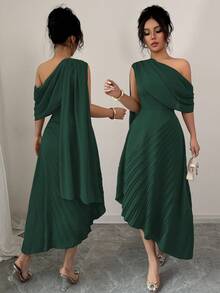 Rafferiza Women's Elegant Chiffon Draped One Shoulder Pleated Dress, Spring/Summer Summer Dress Clothes For University - Dark Green - View 4