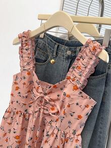Franclia Áo tank top không tay dáng rộng thắt eo họa tiết hoa nhí ngọt ngào dành cho nữ, áo hai dây họa tiết hoa đỏ mặc hàng ngày, áo hai dây họa tiết hoa nhí đỏ cho mùa lễ hội. - Hồng - Xem 3