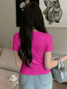 DAZY Women's Solid Color Casual Versatile Daily Wear Short Sleeve T-Shirt Summer - Hot Pink - View 4