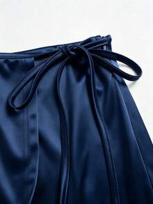Franclia Chân váy satin phía trước thanh lịch, kiểu dáng thường ngày, đa năng, phù hợp cho công sở và đi biển dành cho nữ, mùa xuân/hè. - Màu xanh hải quân - Xem 3