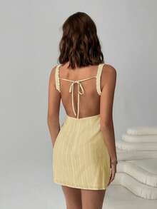 SHEIN EZwear 女士时尚百搭条纹露背性感连衣裙 - 鵝黃色 - 查看 2