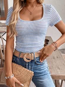 SHEIN Frenchy Women's Striped Contrast Color Pleated Basic Simple T-Shirt,Summer Top - Blue and White - View 3