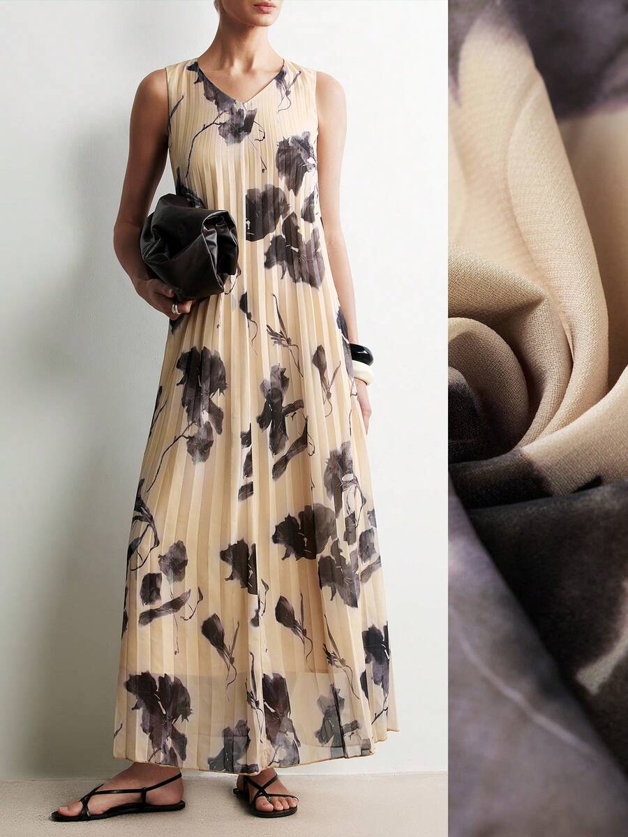 SHEIN Stylify Đầm xếp ly in họa tiết cổ chữ V dành cho nữ