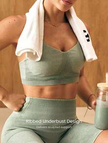 GLOWMODE Ultrafine Soft Seamless Halo Ribbed Support Open Back Thick Straps Halter Sports Bra Workout Gym - Green - View 3