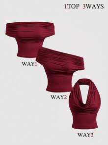 SHEIN PETITE CURVE 大尺碼 2件組 3種穿法女款酒紅色優雅夜店修身上衣，夏季垂領抹胸式裹身上衣，派對度假優雅風 - 彩色 - 查看 3