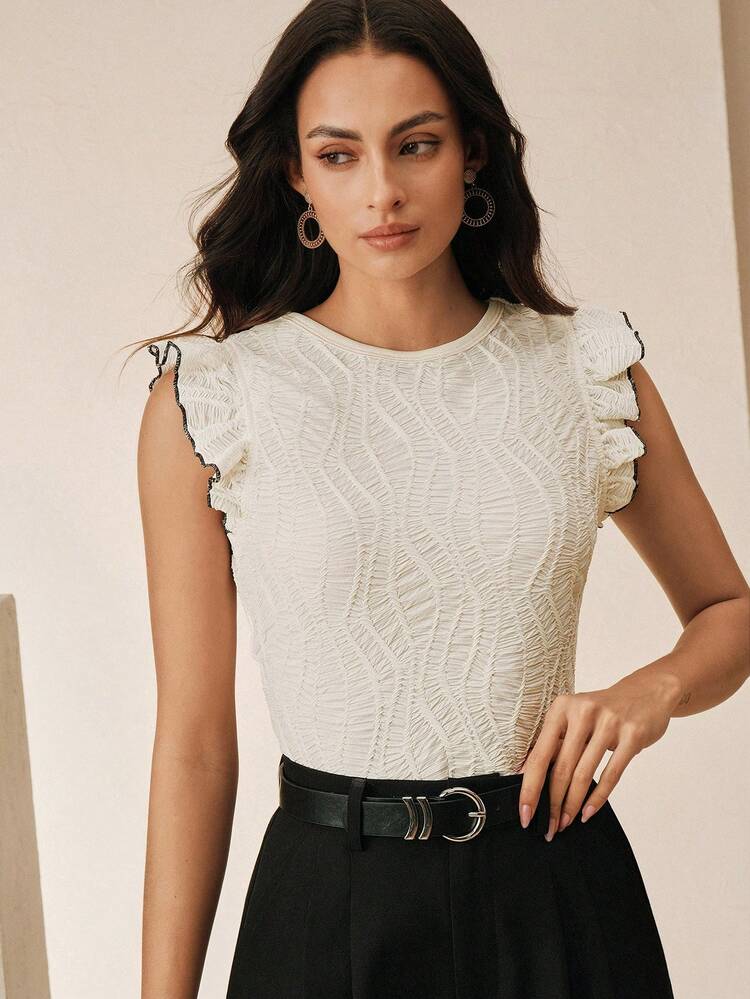 Women's Elegant Contrast Trim Round Neck Cap Sleeve Sweet Graceful Personality Apricot Spring/Summer T-Shirt, Spring/Summer Top
