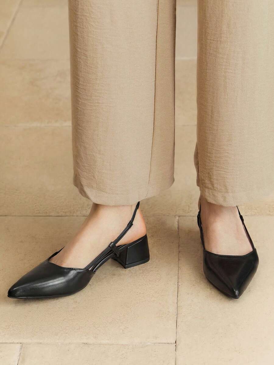 Alvarani Sandalias de tacón alto grueso con punta puntiaguda y tira trasera sin talón, elegantes y de moda para mujer - Negro - Ver 1