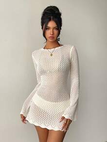 SHEIN Đầm dệt kim trắng INS Viral, tay dài, cổ tay loe, lưng hở, buộc dây, kiểu dáng gợi cảm. - trắng - Xem 5